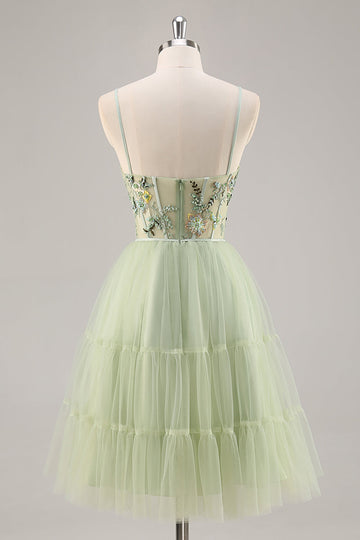 Green Applique Corset A Line Short Prom Dress